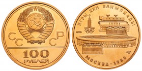 Russia. 100 rublos. 1978. Moscow. (Km-151). (Fried-187). Au. 17,33 g. Juegos Olímpicos - Moscú 1980. Estadio Lenin. Con certificado. UNC. Est...650,00...