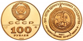 Russia. 100 rublos. 1989. (Km-226). Au. 17,42 g. 500º Aniversario Rusia Unida. PR. Est...700,00.