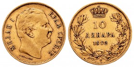 Serbia. 10 dinara. 1882. Wien. V. (Km-16). Au. 3,20 g. Almost VF. Est...120,00.
