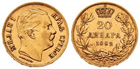 Serbia. Milan Obrenovich IV. 20 dinara. 1882. Wien. V. (Km-17.1). (Fried-4). Au. 6,44 g. Almost XF. Est...300,00.