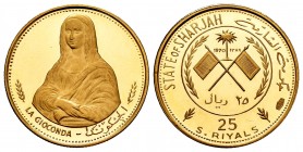 Sharjah. 25 riyals. 1970 (1389 AH). (Km-7). (Fried-5). Au. 5,12 g. Mona Lisa. PR. Est...200,00.
