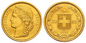 Switzerland. 20 francos. 1883. (Km-31.1). (Fried-495). Au. 6,43 g.  Restos de brillo original. AU. Est...300,00.