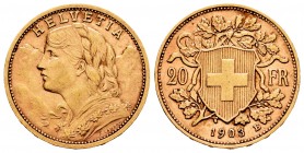 Switzerland. 20 francos. 1903. Bern. B. (Km-35.1). (Fried-499). Au. 6,45 g. Almost XF. Est...250,00.