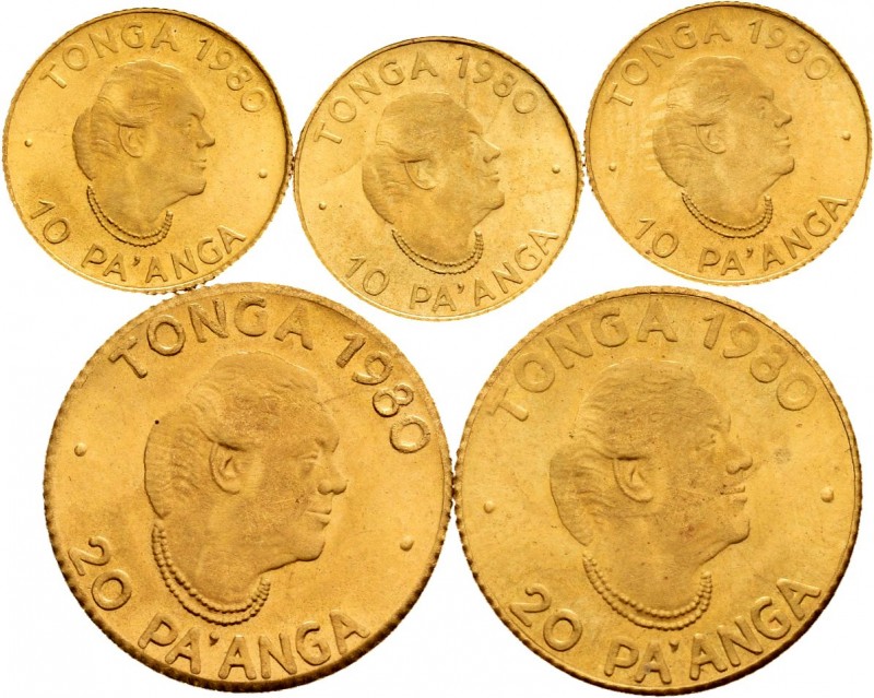 Tonga. 10 y 20 pa´anga. Taufa'ahau Tupou IV (1967-2006). Au. Lote de 5 piezas, E...