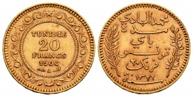 Tunisia. 20 francos. 1904 (1322 H). Paris. A. (Km-234). (Fried-12). Au. 6,44 g. Choice VF. Est...250,00.