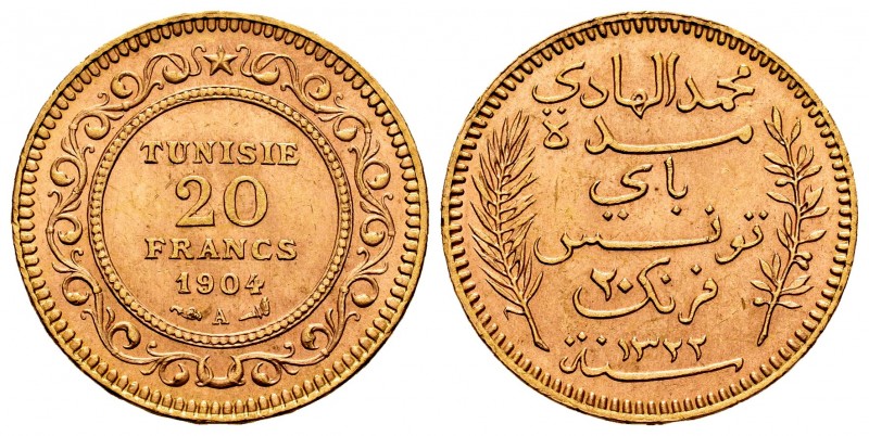 Tunisia. 20 francos. 1904 (1322 H). Paris. A. (Km-234). (Fried-12). Au. 6,46 g. ...