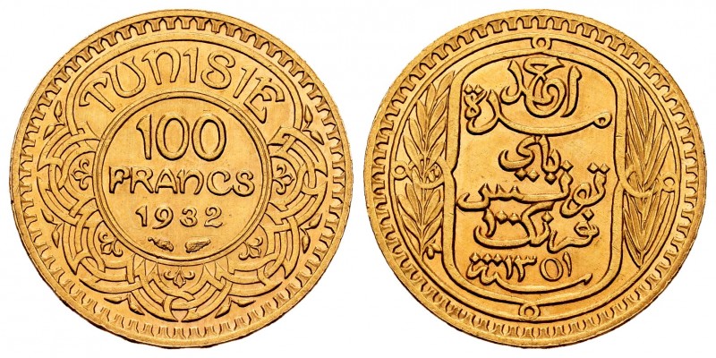 Tunisia. 100 francos. 1932 (1351 H). (Km-257). (Fried-14). Au. 6,55 g. Bella. Es...