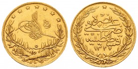 Turkey. Muhammad V. 100 kurush. 1327/5 H. (Km-754). Au. 7,17 g. Very scarce. Almost XF. Est...350,00.