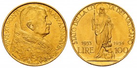 Vatican. Pio XI. 100 liras. 1933-1934 (Anno IV). Rome. (Fried-284). Au. 8,81 g. Año Santo. Escasa. Almost UNC. Est...350,00.