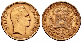 Venezuela. 10 bolívares. 1930. (Fried-6). Au. 3,21 g. Choice VF. Est...125,00.