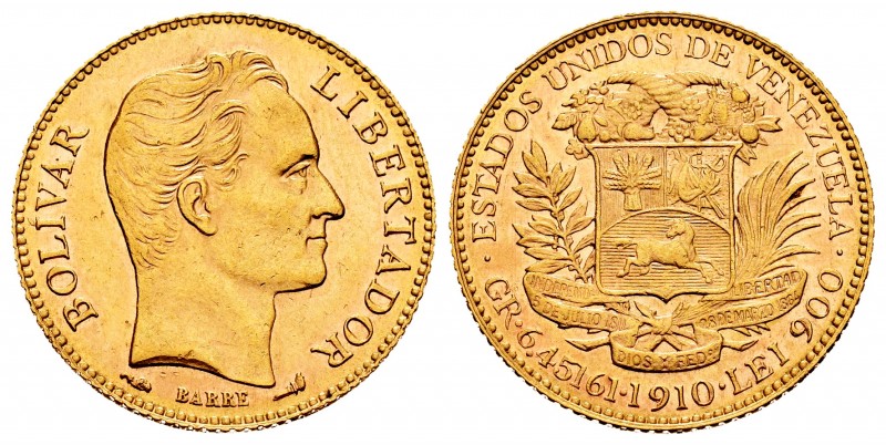 Venezuela. 20 bolívares. 1910. (Km-32). Au. 6,43 g. AU. Est...240,00.