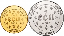 Belgium. 1987. Cartera con 2 piezas de ECU, 1 de plata (5 ECU de 22,85 g.) y 1 de oro (50 ECU de 17,28 g.). Tirada de 15000 carteras. A EXAMINAR. PR. ...