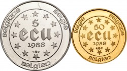 Belgium. 1988. Cartera con 2 piezas de ECU, 1 de plata (5 ECU de 22,85 g.) y 1 de oro (50 ECU de 17,28 g.). Tirada de 15000 carteras. A EXAMINAR. PR. ...