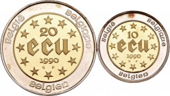 Belgium. 1990. Lote de 2 piezas bimetálicas (oro y plata) de 10 y 20 Ecu, en conmemoración del 60º aniversario del rey Balduino. (Km-176/177). En sus ...
