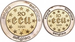 Belgium. 1991. Lote de 2 piezas bimetálicas (oro y plata) de 10 y 20 ECU en conmemoración del 40º aniversario del reinado Balduino. En sus carteras or...