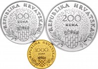 Croatia. 1995. Estuche con 3 piezas conmemorativas del 5º aniversario de la independencia, dos de plata (100 y 200 kuna) y una de oro (1000 kuna). Con...