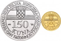 Croatia. 1995. Estuche de 2 piezas conmemorativas del 5º aniversario de la independencia, una de plata (150 kuna) y otra de oro (500 kuna). Con certif...