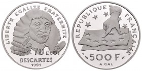 France. 500 francos - 70 ecus. 1991. (Platino). (Km-1003a). 20,00 g. Tirada de 1000 piezas. Con certificado y caja original. PR. Est...700,00.