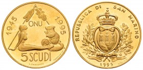 San Marino. 5 escudos. 1945. Rome. R. (Km-337). Au. 16,97 g. 50º aniversario de la ONU. Con certificado y caja original. PR. Est...600,00.