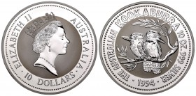 Australia. Elizabeth II. 10 dollars. 1994. (Km-231). Ag. 311,00 g. 2 kookaburras. PR. Est...180,00.
