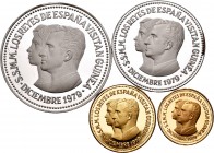 Equatorial Guinea. Estuche original de 4 piezas conmemorativas de la visita de los reyes de España en 1979, todas de plata (1000, 2000, 5000 y 10000 b...