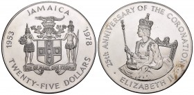 Jamaica. Elizabeth II. 25 dollars. 1978. (Km-76). Ag. 136,08 g. 25º aniversario de la coronación de la reina. PR. Est...75,00.