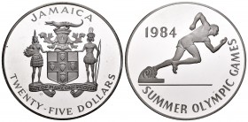 Jamaica. Elizabeth II. 25 dollars. 1984. (Km-116). Ag. 136,08 g. Juegos Olímpicos Los Ángeles 1984. Tirada de 3500 piezas. En su caja original. PR. Es...
