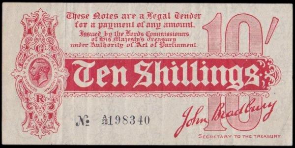 Ten Shillings Bradbury T9 First issue Dash in No. ornate font and 6 digit serial...