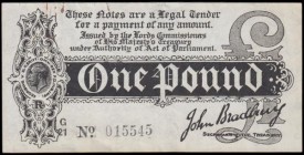 One Pound Bradbury First Issue T3.3 Black Six-digit serial number Dot in No. issue 1914 series G/21 015545 original and relatively crisp GVF Rust Pape...