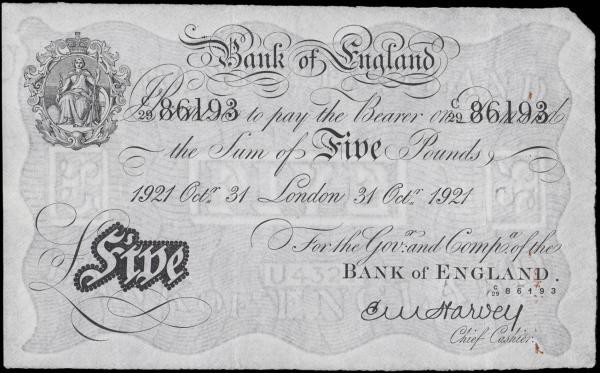 Five Pounds Harvey White note B209a dated 31st October 1922 serial number C/29 8...