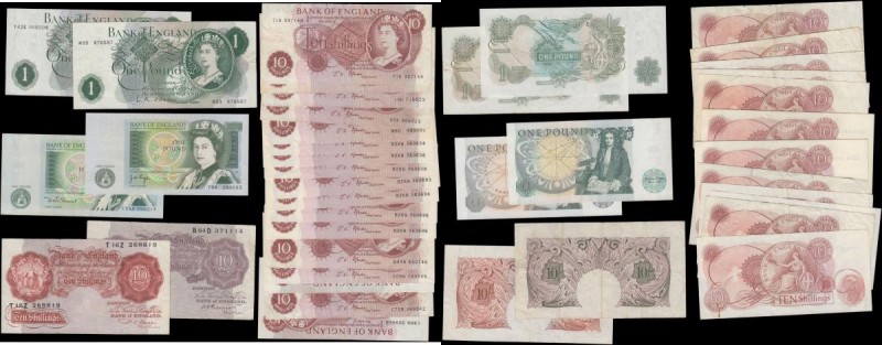 Bank of England 10 Shillings and 1 Pounds 1940's onwards including different cas...