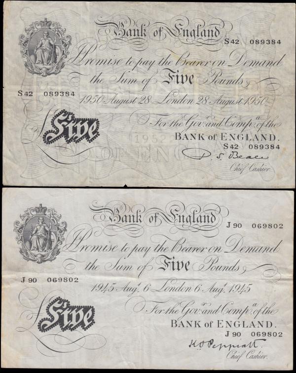 Bank of England 5 Pound White notes (2) comprising a Peppiatt Second Period B255...