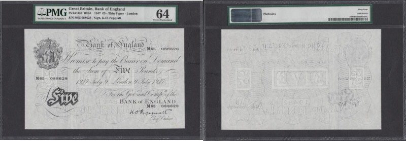 Five Pounds Peppiatt White Note B264 Fourth Post-war Period Thin paper Metal thr...