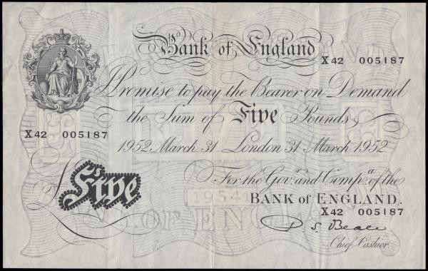 Five Pounds Beale White note B270 Thin paper Metal thread dated 31st March 1952 ...