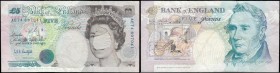 Five Pounds Kentfield QE2 pictorial and George Stephenson printing ERROR B364 issue 1993 serial number AE74 697041, VF or slightly better Tears. The n...