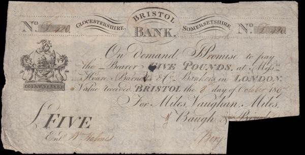 Bristol Bank 5 Pounds cut-cancelled across signature dated 8th October 1807 numb...