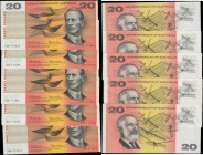 Australia Reserve Bank 20 Dollars Pick 41a ND (1966-1972) "Commonwealth of Australia" Dollar Issues signatures Coombs & Wilson (5) a consecutive run s...