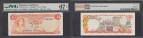 Bahamas Central Bank 5 Dollars Pick 37b Law of 1974 serial number K 369486 signature W. C. Allen, in a PMG holder and in the Exceptional grade 67EPQ (...