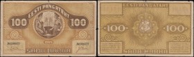 Estonia Eesti Vabariigi 100 Marka Pick 56a dated 1921 serial number 1339577, about Fine and a Scarce note. Brown featuring 2 blacksmiths with anvil an...