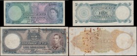 Fiji Government early 5 Shillings (2) comprising a George VI portrait issue Pick 37b dated 1st March 1938 serial number B/2 151576 signatures Barton, ...