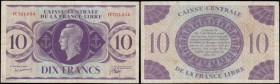 French Equatorial Africa Caisse Centralle de La France Libre 10 Francs Pick 11a dated 2nd Decmeber 1941 serial number FC 701064, presentable VF Pinhol...