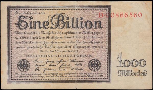 Germany Reichsbanknote 1 Billion Mark Pick 134 Eleventh issue dated 5th November...