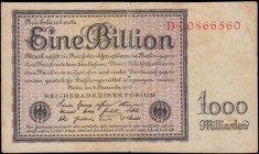 Germany Reichsbanknote 1 Billion Mark Pick 134 Eleventh issue dated 5th November 1923 serial number D 00866560, Fine - good Fine. Uniface and in black...