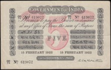 India Government 5 Rupees Pick A6h early date for this type 15th February 1922 signature McWatters variety without letter for city of issue serial num...