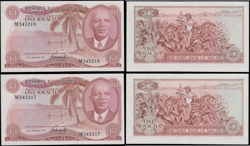 Malawi Reserve Bank 1 Kwacha Pick 10c dated 31st January 1975 (2) a consecutivel...