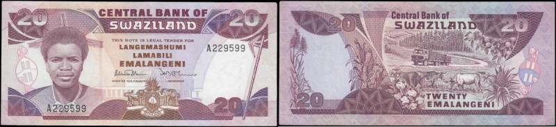 Swaziland Central Bank 20 Emalangeni Pick 16a ND 1986 serial number A229599 sign...