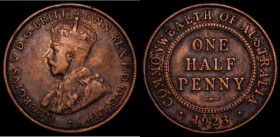 Australia Halfpenny 1923 KM#22 Good Fine showing partial centre diamond, the surfaces with some dark tone and residual dirt, the key date in the serie...