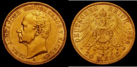 German States - Saxe-Weimar-Eisenach 20 Marks Gold 1896A Carl Alexander KM#213 About EF/EF with some thin scratches below the bust, a rare two-year ty...