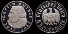 Germany - Third Reich 5 Reichsmarks 1933F 450th Anniversary of the Birth of Martin Luther, a rare Proof issue, KM#80 in a PCGS holder and graded PR65+...