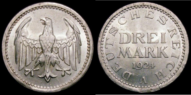 Germany - Weimar Republic 3 Marks 1924A KM#43 the coin slightly off-centre in st...